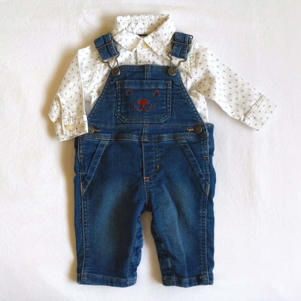 CARTER'S | 2pc Soft Knit Denim Overalls & Embroidered Collared Bodysuit | 0-3M